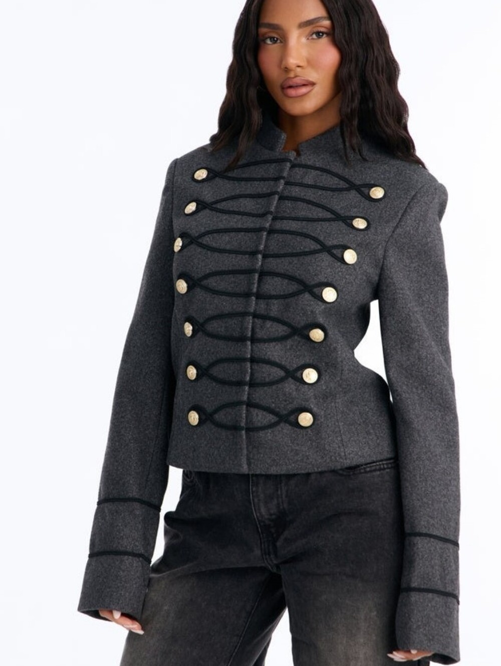 Womens Military-Inspired Gray Button Front Jacket